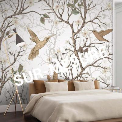 Papier peint arbre en fleurs et oiseaux Colibris naturel SUR-MESURE