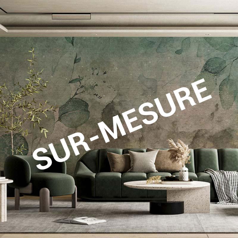 Papier peint vert pour salon motif feuillage panoramique Ginco  SUR-MESURE