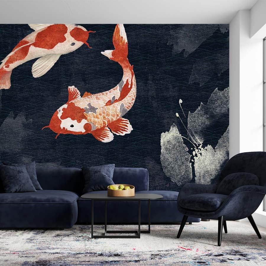 Papier peint poissons panoramique sur fond bleu Bekko Dark 400x280