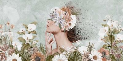 Papier peint visage femme et fleurs panoramique Nausicaa