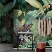 Papier peint feuillage tropical et oiseaux exotiques panoramique Marica