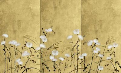 Papier peint japonais panoramique fleurs de chrysanthèmes Kintsugi
