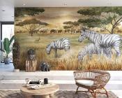 Papier peint zèbres et paysage panoramique Savana