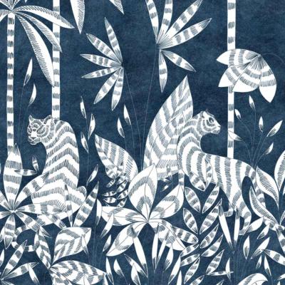 Papier peint jungle bleu et blanc Paradis des tigres nocturne
