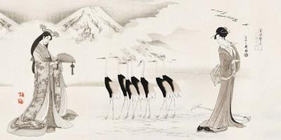 Papier peint paysage japonais beige et noir panoramique Japan Scenery