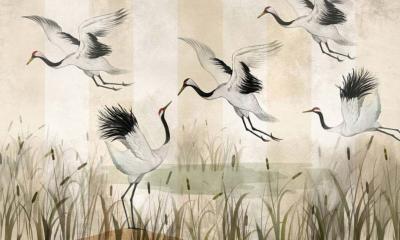 Papier peint oiseaux grues et paysage panoramique Bisous