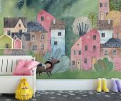 Papier peint panoramique enfant maisons colorées Charlotte 336x260