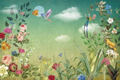 Papier peint paysage fleurs et oiseaux panoramique Corinthia