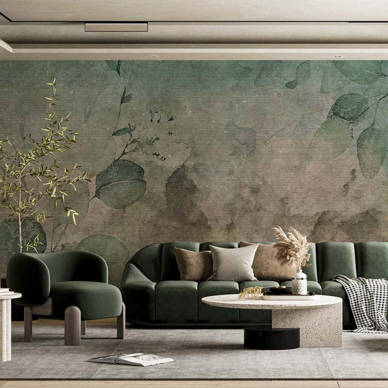 Papier peint vert pour salon motif feuillage panoramique Ginco