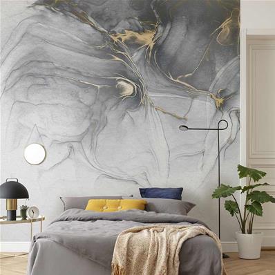 Papier peint chambre design gris et or Gold fluid 300x280