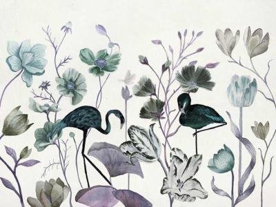 Papier peint salle de bain feuillage et oiseaux Wonderland