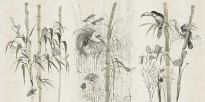 Papier peint japonisant botanique panoramique Tegaki