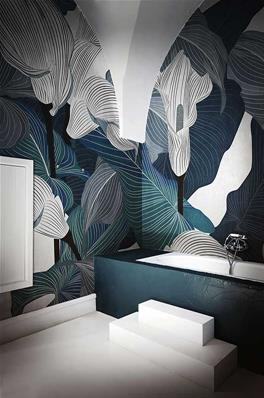 Papier peint salle de bain design bleu Cloe