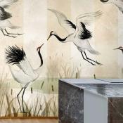 Papier peint oiseaux grues et paysage panoramique Bisous