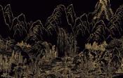 Papier peint paysage panoramique noir et or Zen