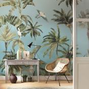 Papier peint tropical vert et bleu Forêt de palmiers 300x250