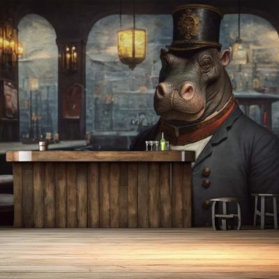 Papier peint hippopotame en costume panoramique Hippo-Saloon