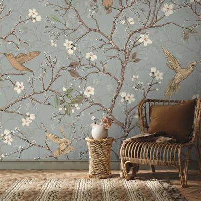 Papier peint arbre en fleurs et oiseaux Colibris