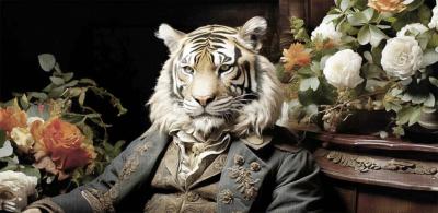 Papier peint tigre en costume panoramique Leo Flowers