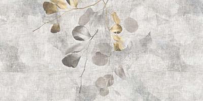 Papier peint feuillage panoramique beige grisé et doré September