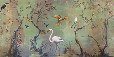 Papier peint design arbre et oiseaux Ibis Vert