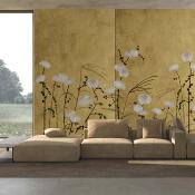 Papier peint japonais panoramique fleurs de chrysanthèmes Kintsugi