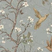 Papier peint arbre en fleurs et oiseaux Colibris