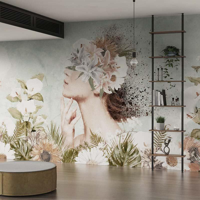 Papier peint visage femme et fleurs panoramique Nausicaa