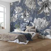 Papier peint illustration florale sur fond bleu Merian 350x250