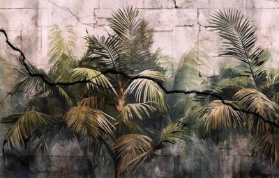 Papier peint palmiers et mur béton panoramique Cracle