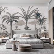 Papier peint paysage tropical panoramique gris et beige Land