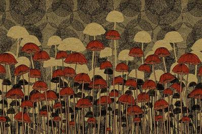 Papier peint haut de gamme noir, or et rouge Mushroom