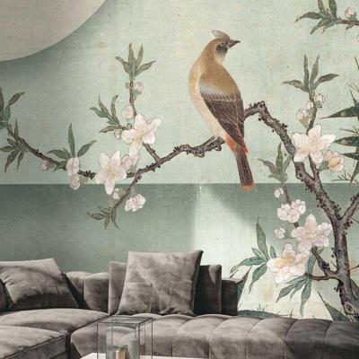 Papier peint oiseau et arbre en fleurs Bird On Peach