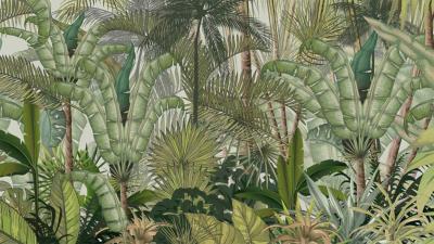 Papier peint feuillage tropical coloré panoramique Savane