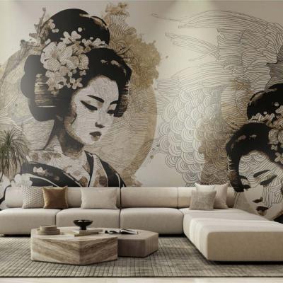 Papier peint geishas beige et noir panoramique Chiyo