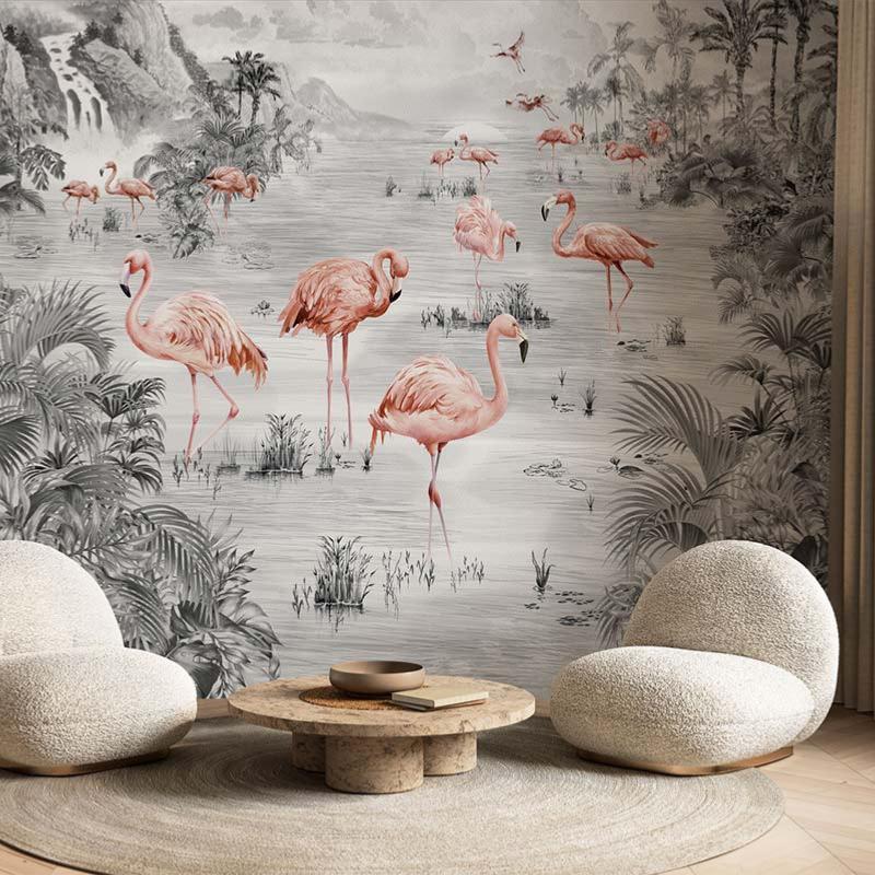 Papier peint paysage tropical paisible et flamants roses Flamingos
