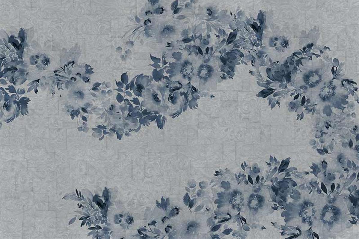 Papier peint salon, papier peint floral bleu et gris salon | Muraem