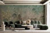 Papier peint vert pour salon motif feuillage panoramique Ginco