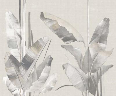 Papier peint feuillage panoramique beige gris et ocre Feuilles Re-Edition