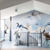 Papier peint ciel et oiseaux panoramique Dancing Cranes