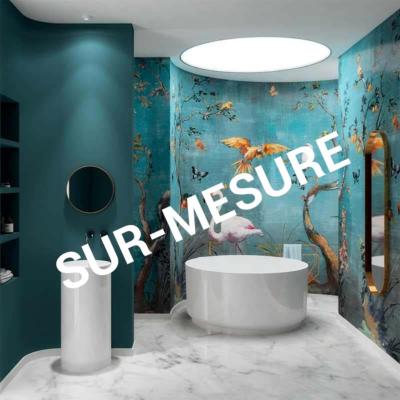 Papier peint spécial salle de bain IBIS bleu SUR-MESURE