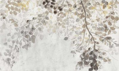 Papier peint branches d'arbre gris et ocre panoramique Hanami