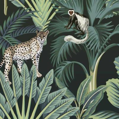 Papier peint jungle léopard et ouistiti Tropik